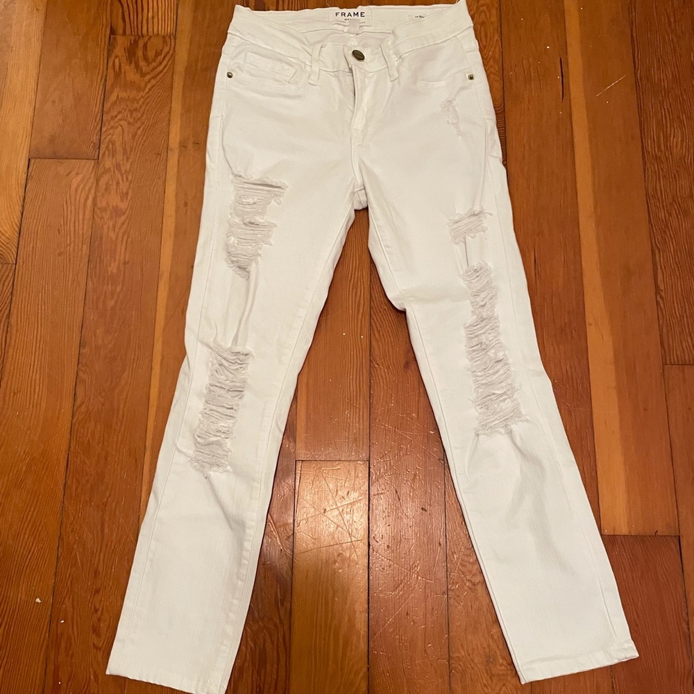 FRAME WHITE DENIM JEANS WOMEN WHITE DISTRESSED HEMMED 25 SHREDDED HOLES - Picture 4 of 14